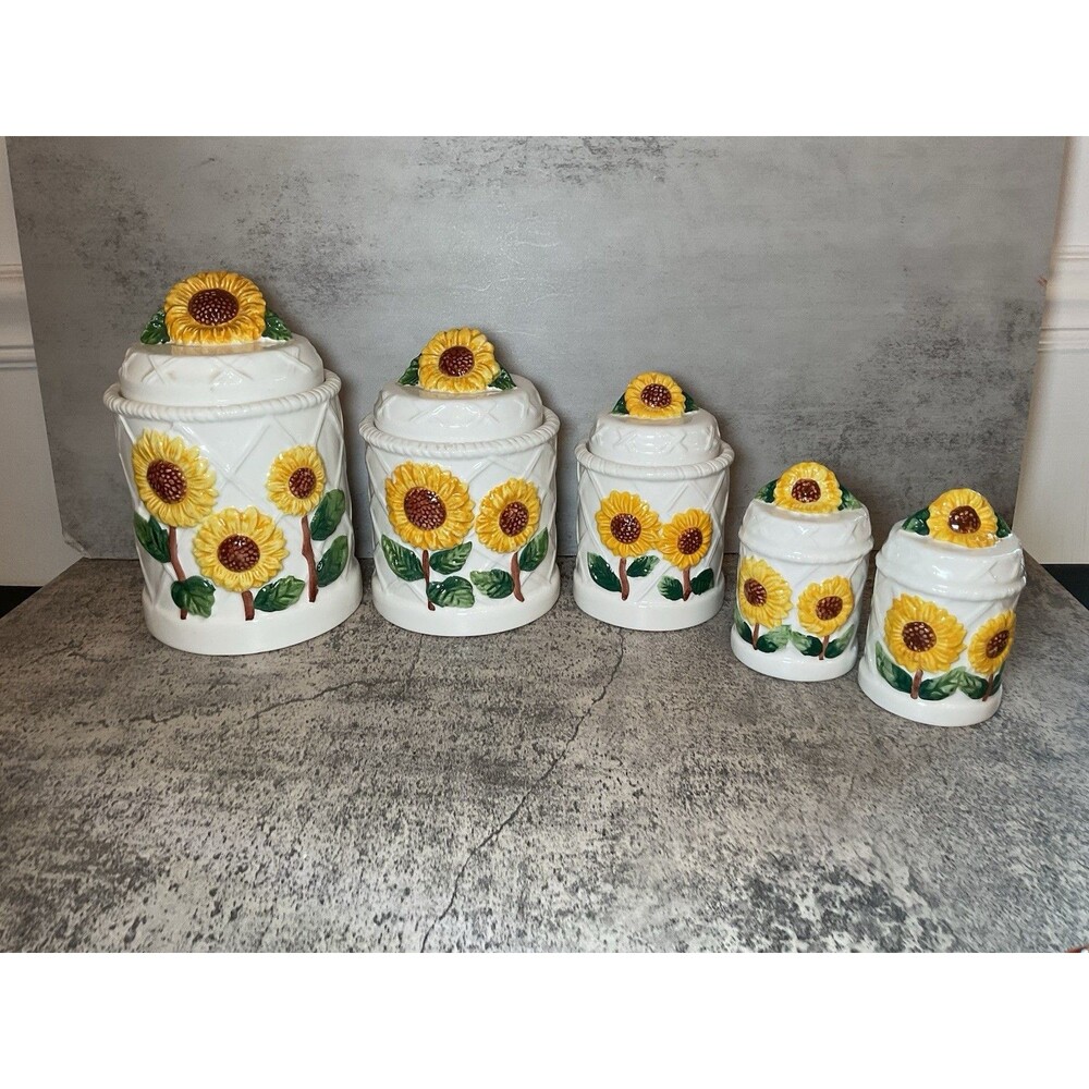 Vintage Sunflower Coffee Canisters Set & Salt Pepper Shakers Ceramic Farmhouse